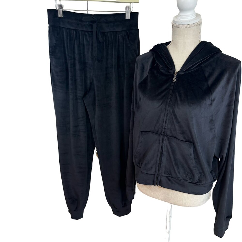 Victoria's Secret On Point Black Hoodie Sweatshirt Jogger Set Size M Soft Velour